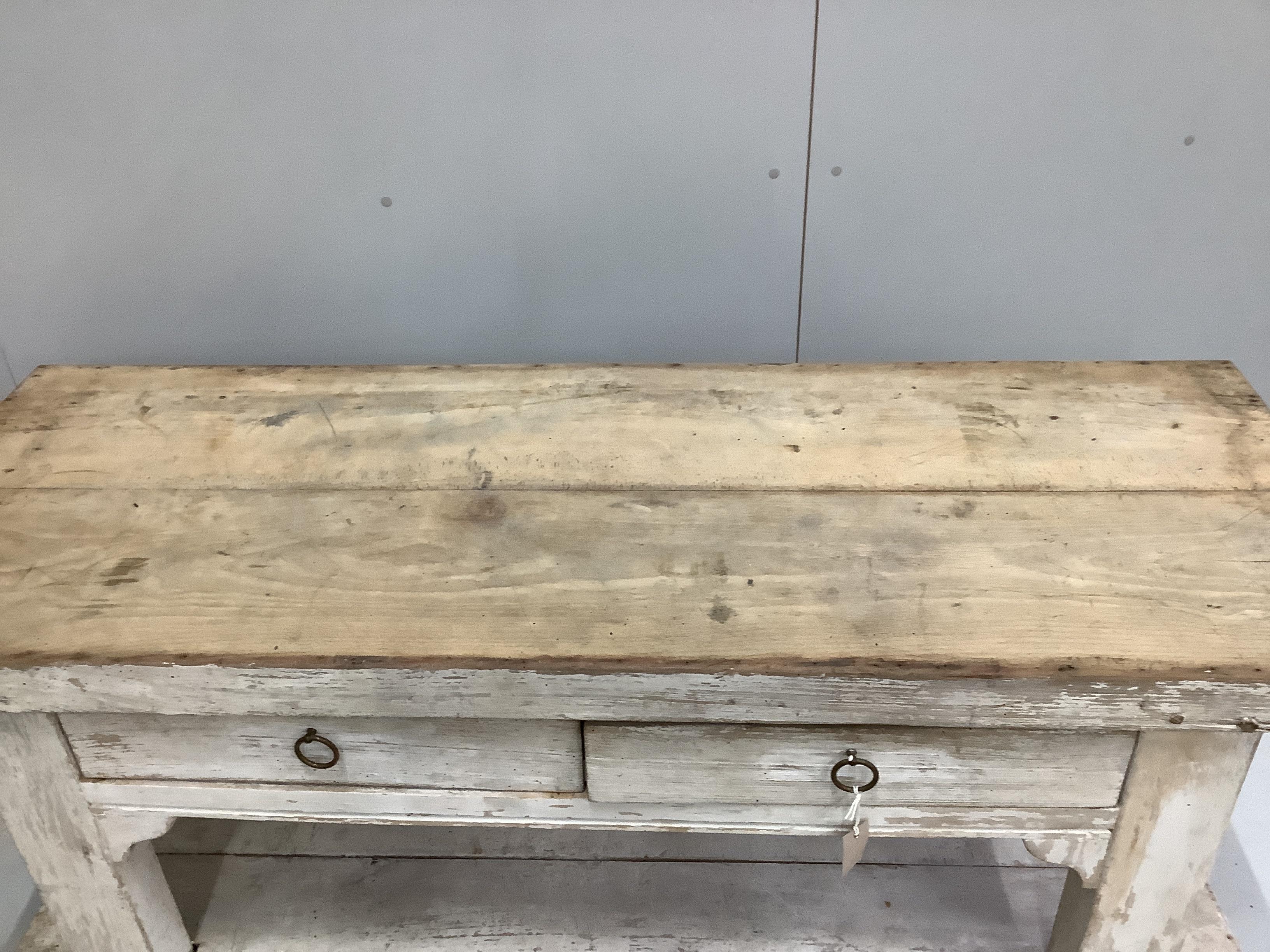 A Provincial pine and beech two drawer two tier kitchen preparation table, width 159cm, depth 58cm, height 75cm